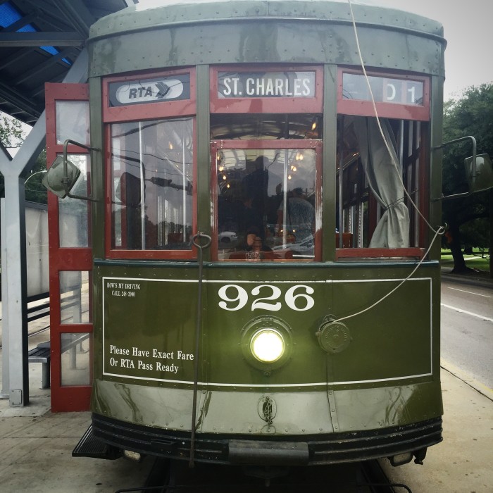 front view of a green trolley care