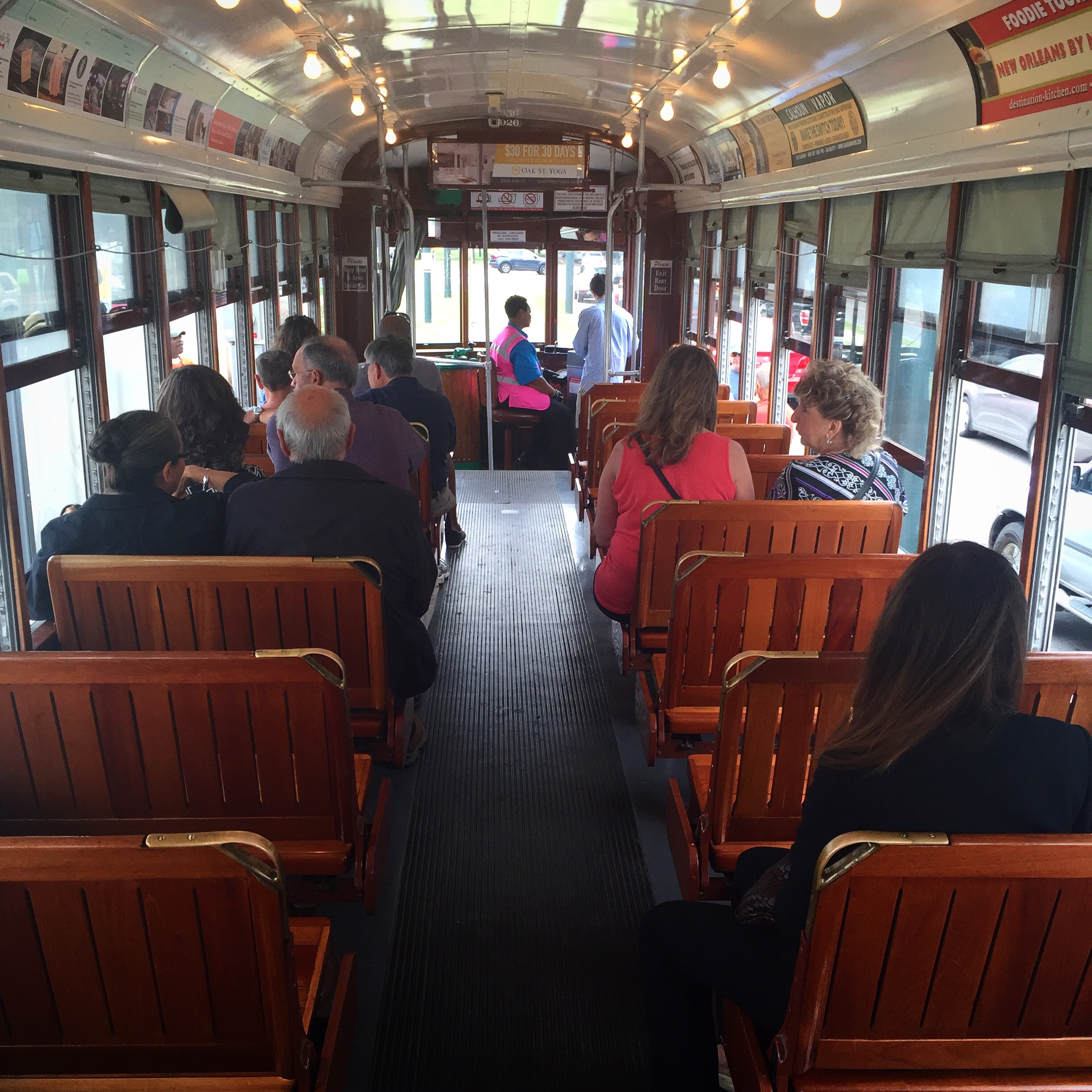 picture of the inside of a trolley car